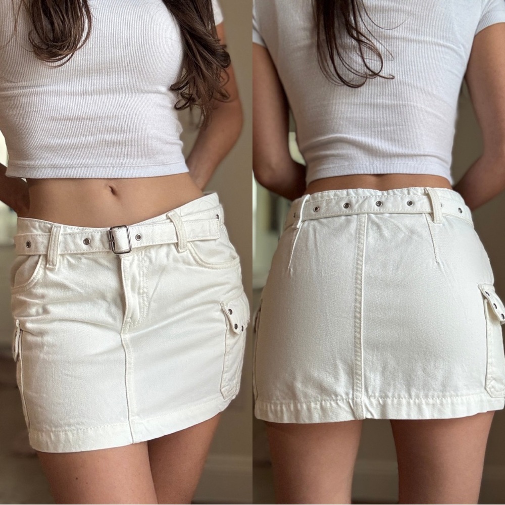 Bershka White Belted Mini Skirt